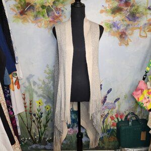 Soft Beige & Gray Knit Sleeveless Cardigan Vest With Fringe